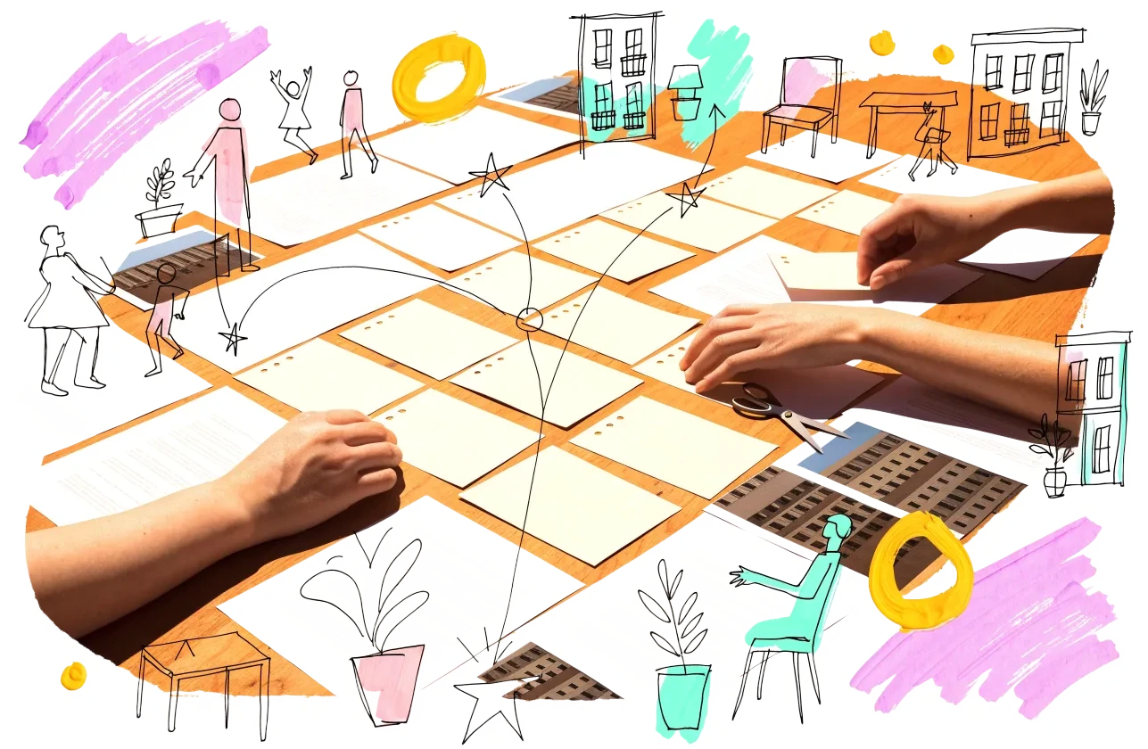 A noticeboard of pinned pages and photographs with ink threads drawn between them