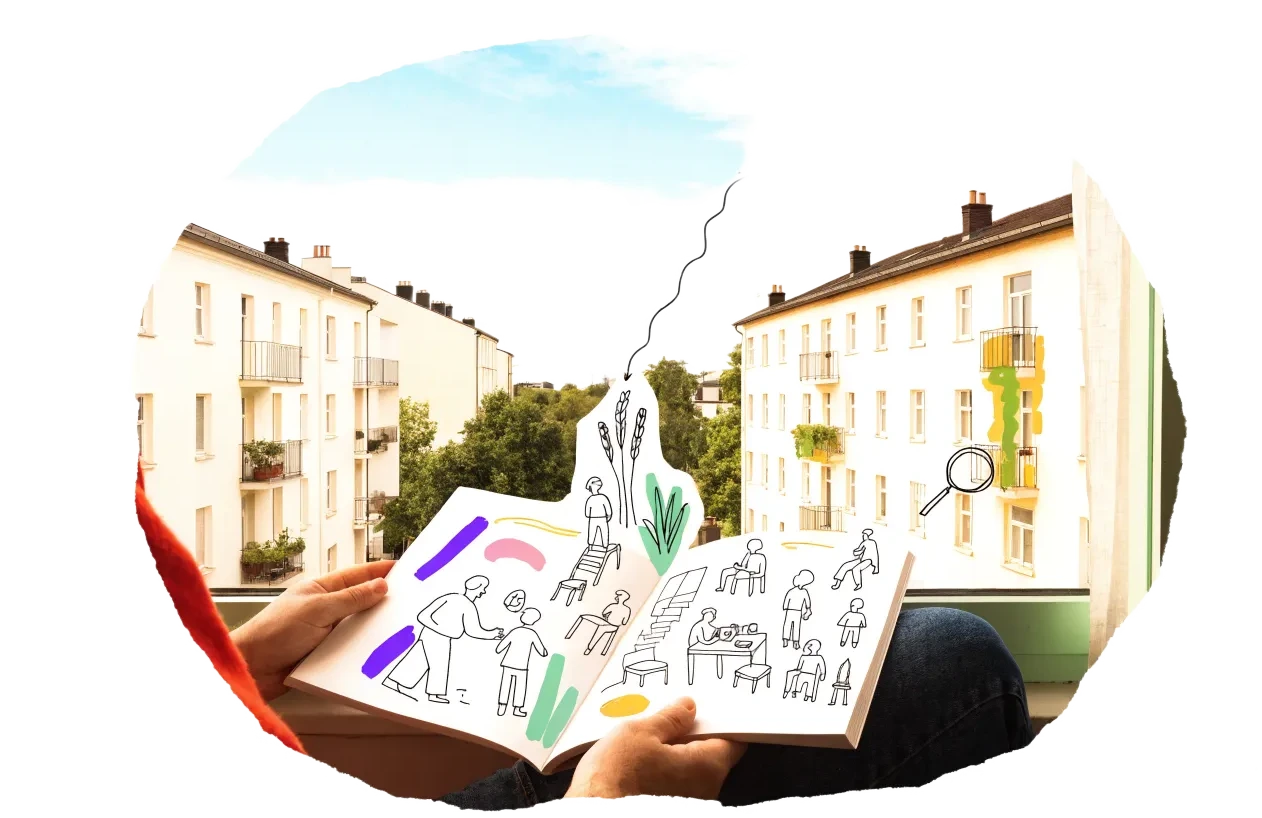 Hands holding an open long read at a window, ink drawings rising off the page towards the buildings across the street