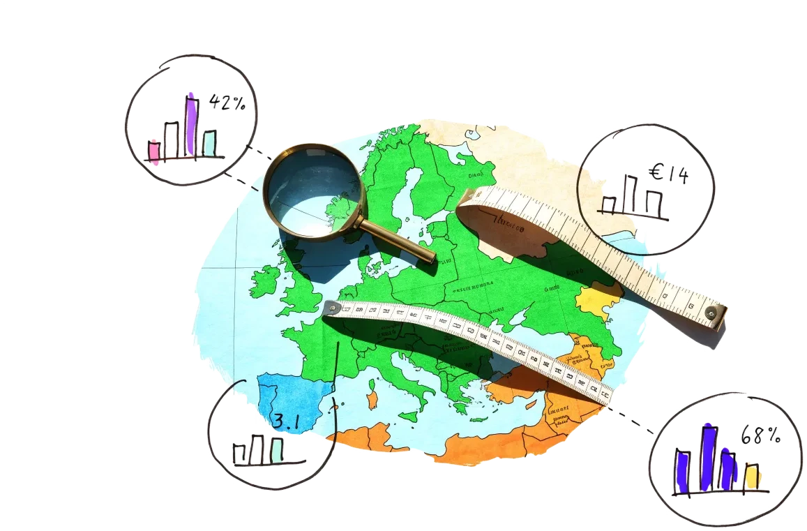 A paper map of Europe with a magnifying glass and a measuring tape laid across it, and ink circles around four cities, each with a small bar chart and a figure