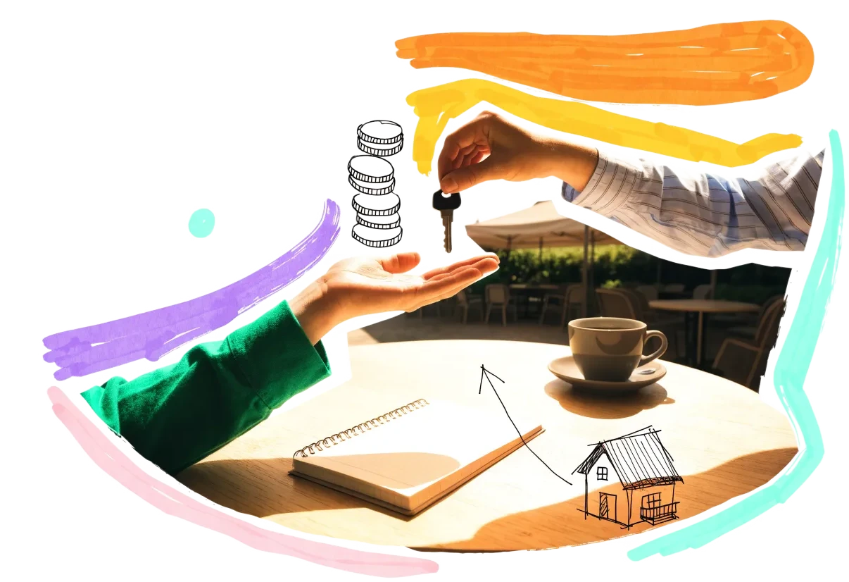 A front-door key passed across a café table, with an ink stack of coins and an arrow drawn towards a small building