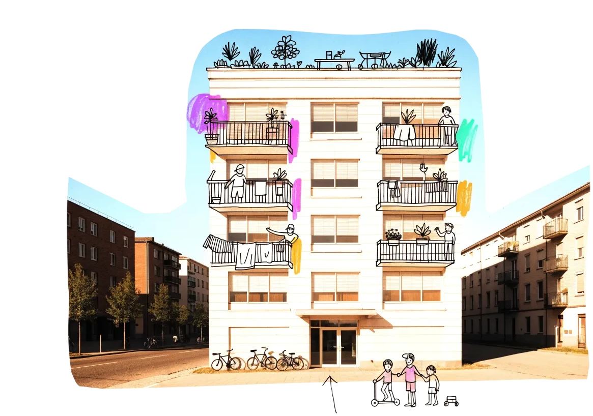 An empty 1970s office building with balconies, plants, neighbours and a roof garden drawn onto it in ink