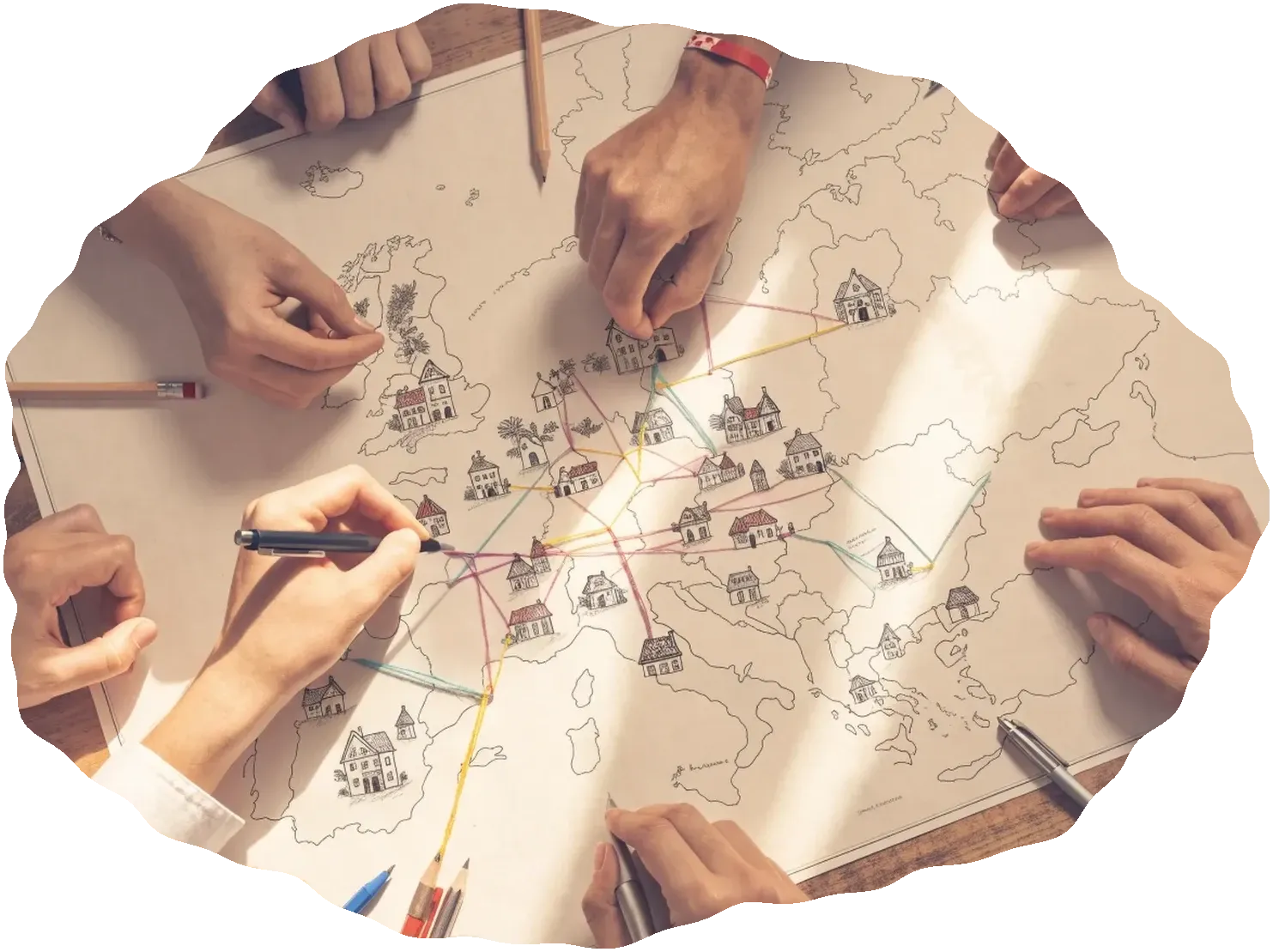 Many hands around a map of Europe, drawing little homes onto its cities and threading them together