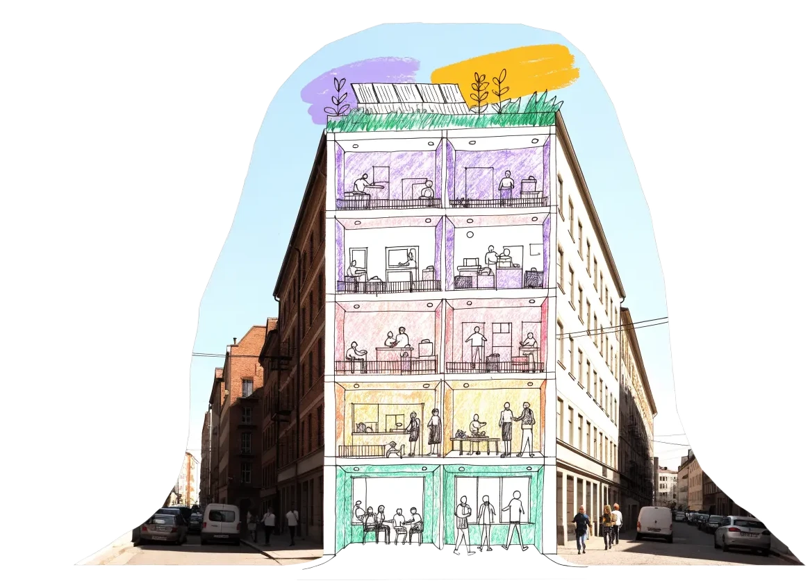 A converted building shown in cut-away: a busy café and workshop at street level, shared rooms above, furnished flats, family homes and a rooftop garden