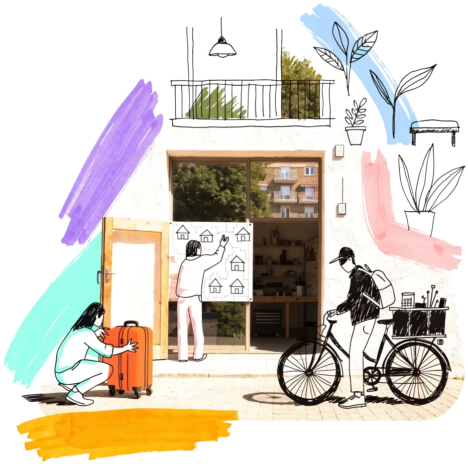 Staff of a small workshop pack a suitcase, pin up a map of homes and wheel out a cargo bike