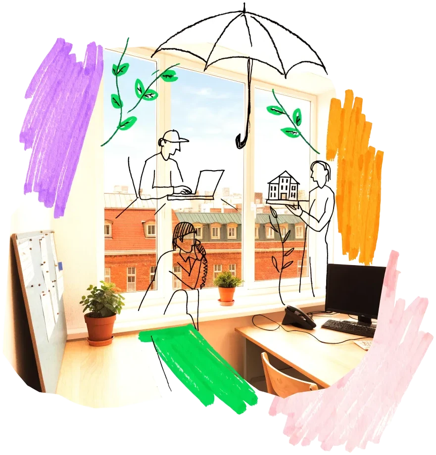 A small team at work in an office under a large drawn umbrella, looking out over the rooftops