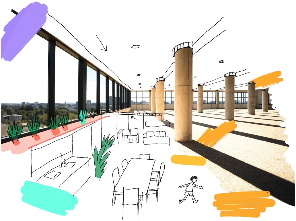 An empty office floor, drawn over as homes with a shared kitchen, a sofa, a bed and a child playing