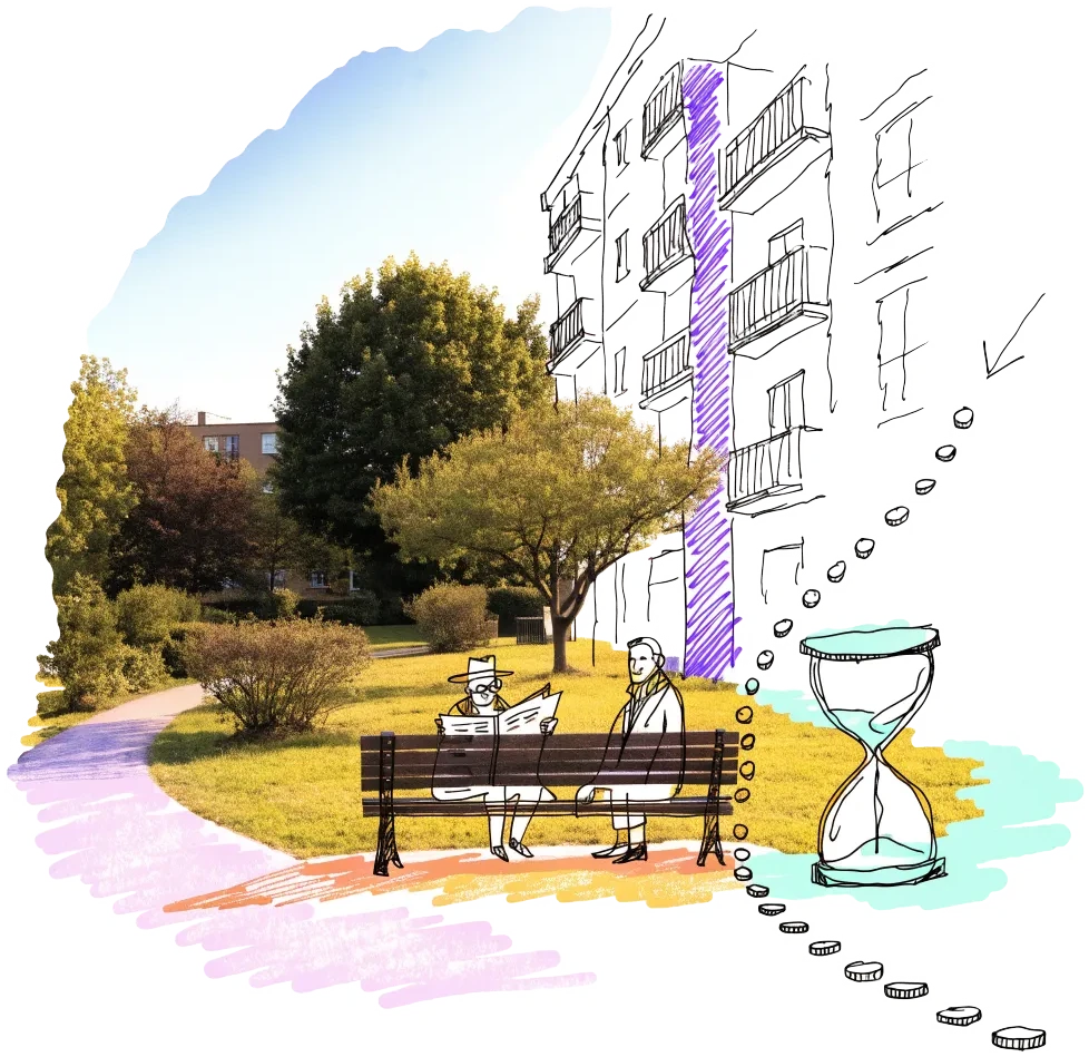 Two investors wait on a park bench beside an hourglass while coins return to them from the building
