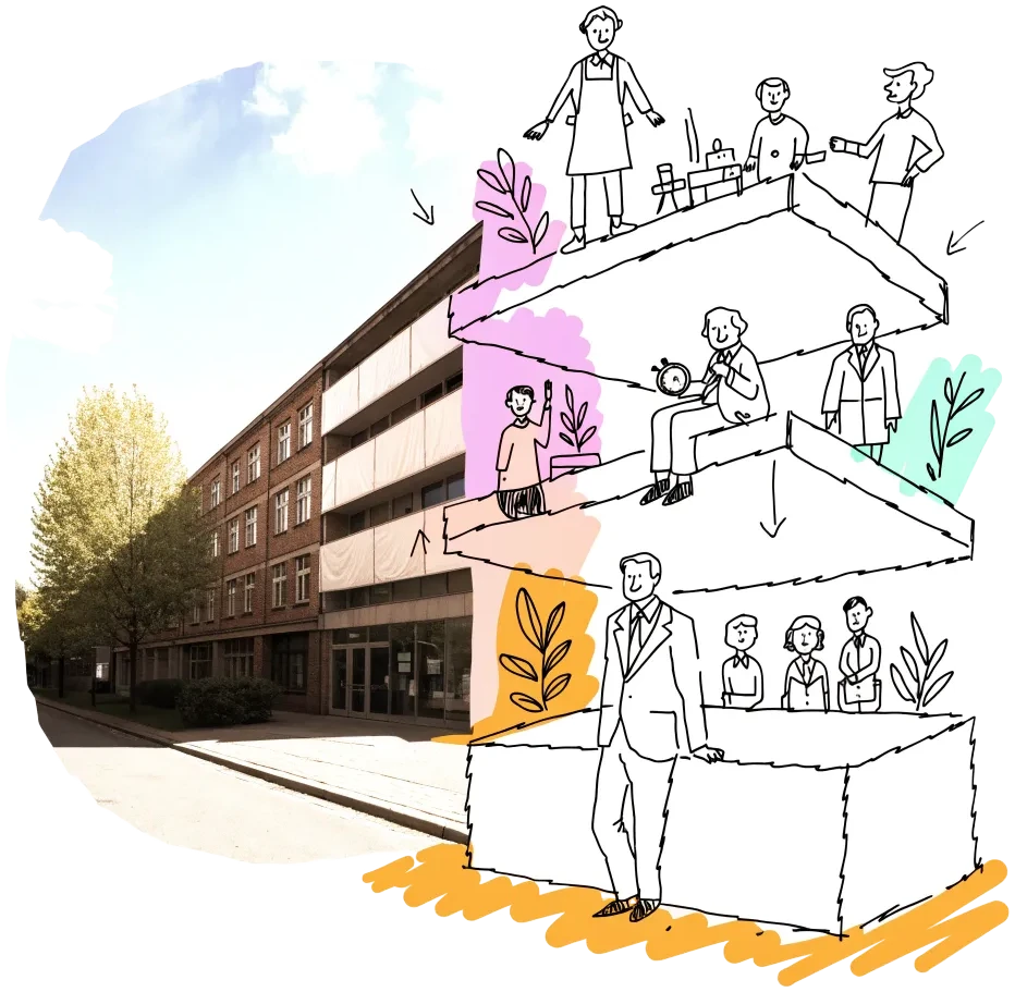 Beside an office building being converted, a stack of three slabs: a banker leans on the largest at the bottom, two patient investors with a pocket watch sit on the middle one, and residents and a café owner stand on the thin one on top