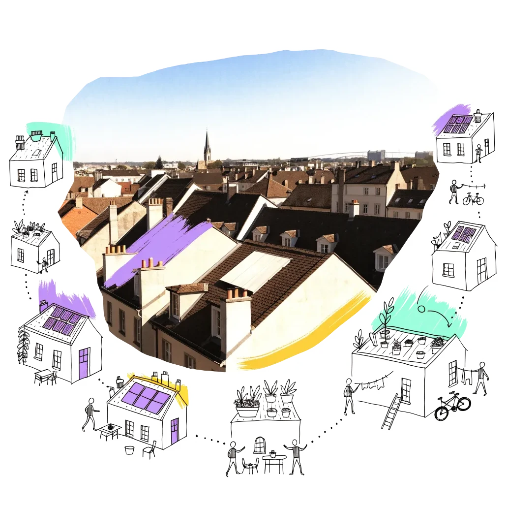 City rooftops, with small drawn buildings with roof gardens and solar panels linked by a dotted line around them