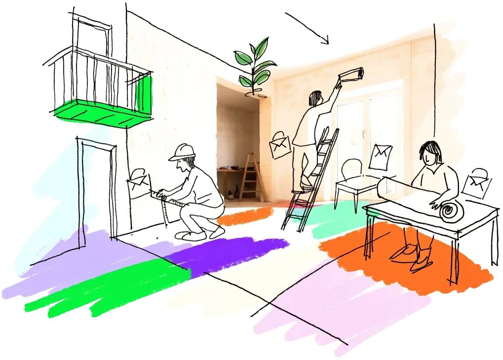 A builder, a caretaker and an architect at work, each with a pay envelope in a pocket