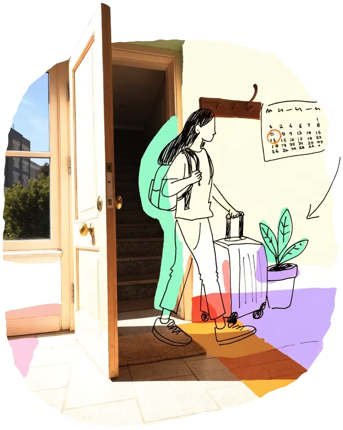A young woman steps into her new flat with a suitcase and a plant; a calendar by the door has one day circled