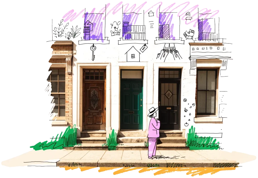 Someone chooses between three front doors: a key to rent, a house with a price tag, and one key held by many hands