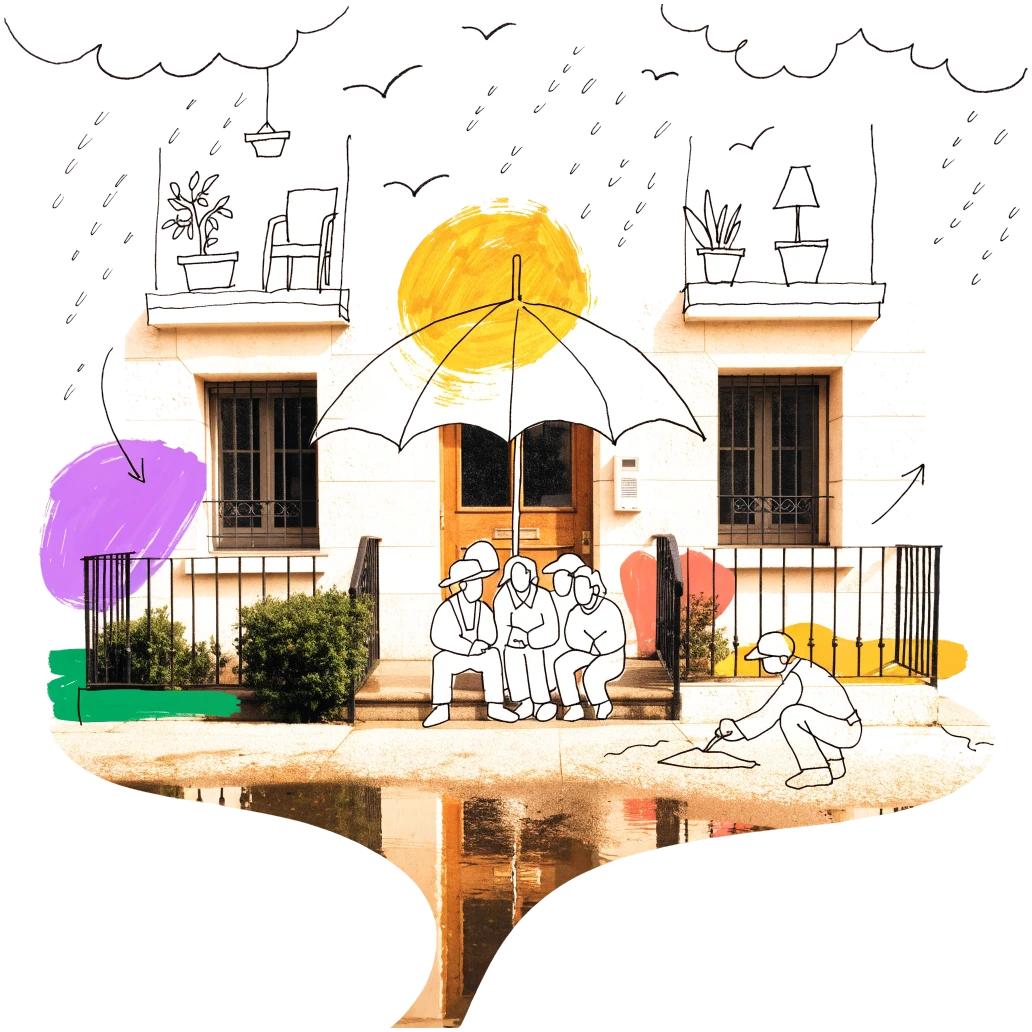Rain over a building; the residents sit together on the step under one large umbrella while a worker patches the pavement