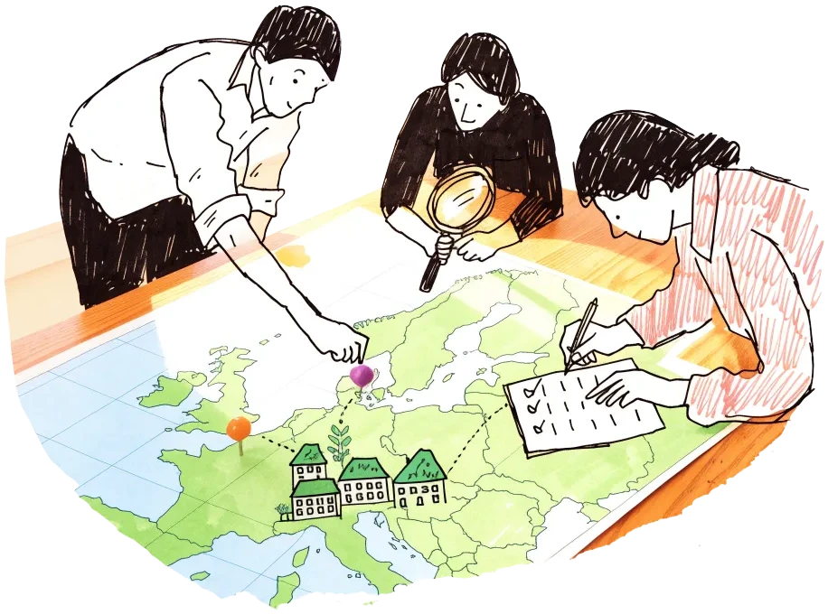 Three people lean over a map of Europe, pushing in pins, with small buildings rising from a few cities and a dotted route between them