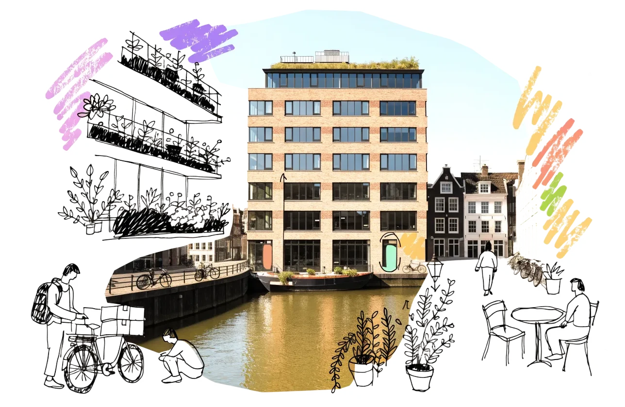 An empty building in Amsterdam with homes, balconies and neighbours drawn onto it in ink