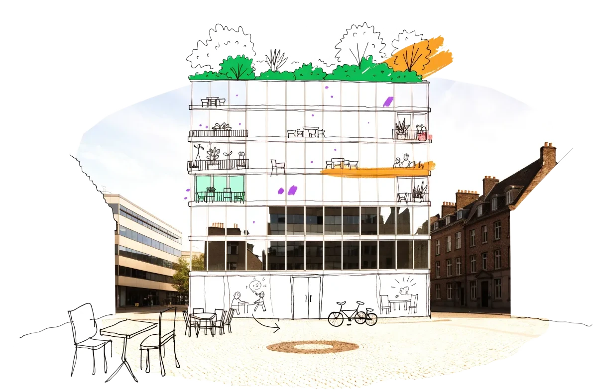 An empty building in Brussels with homes, balconies and neighbours drawn onto it in ink