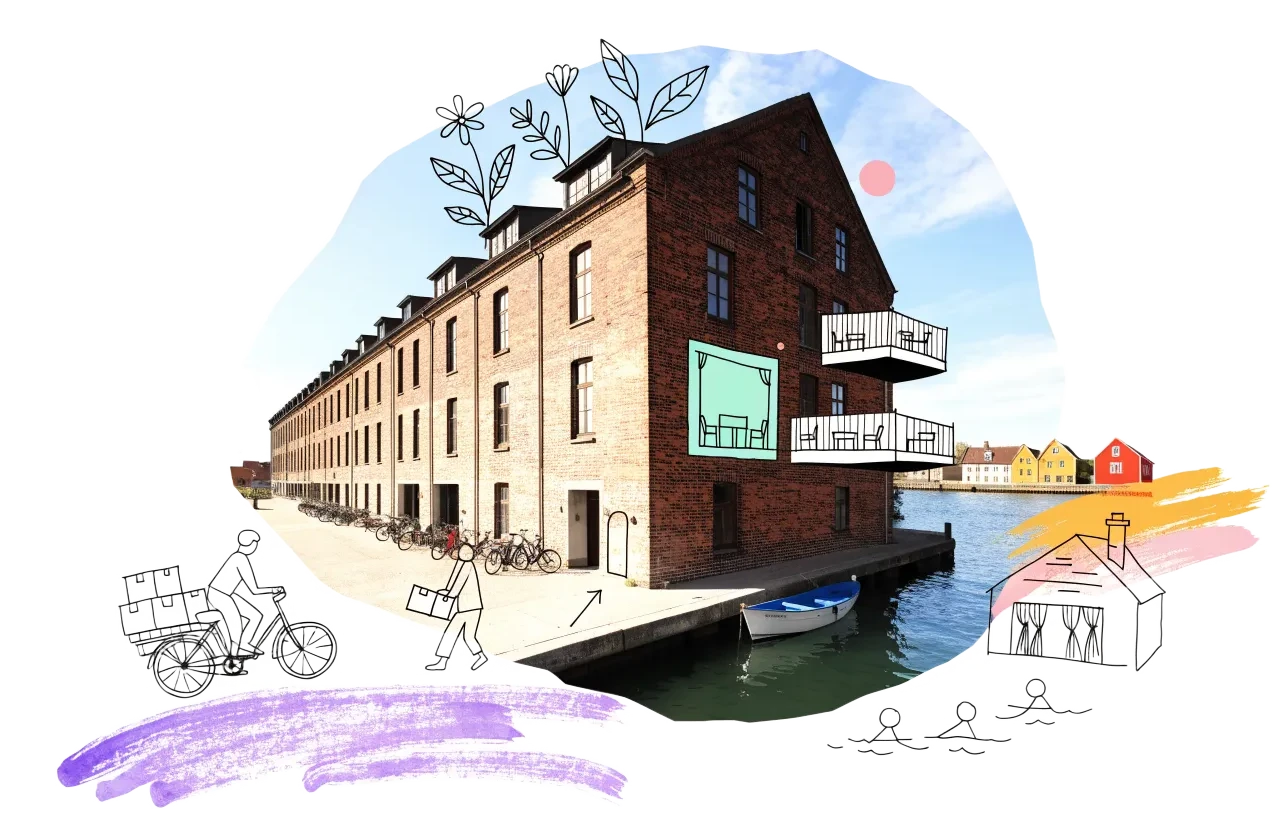 An empty building in Copenhagen with homes, balconies and neighbours drawn onto it in ink