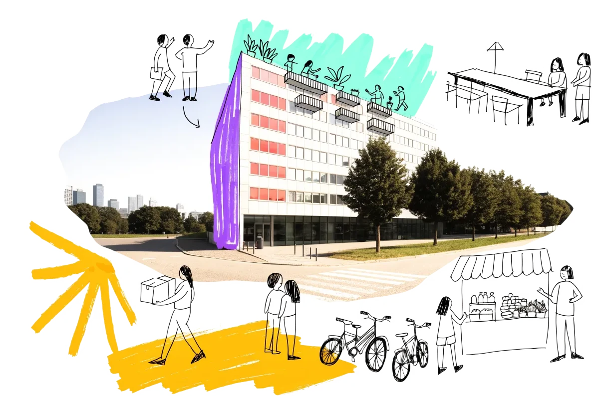 An empty building in Frankfurt am Main with homes, balconies and neighbours drawn onto it in ink