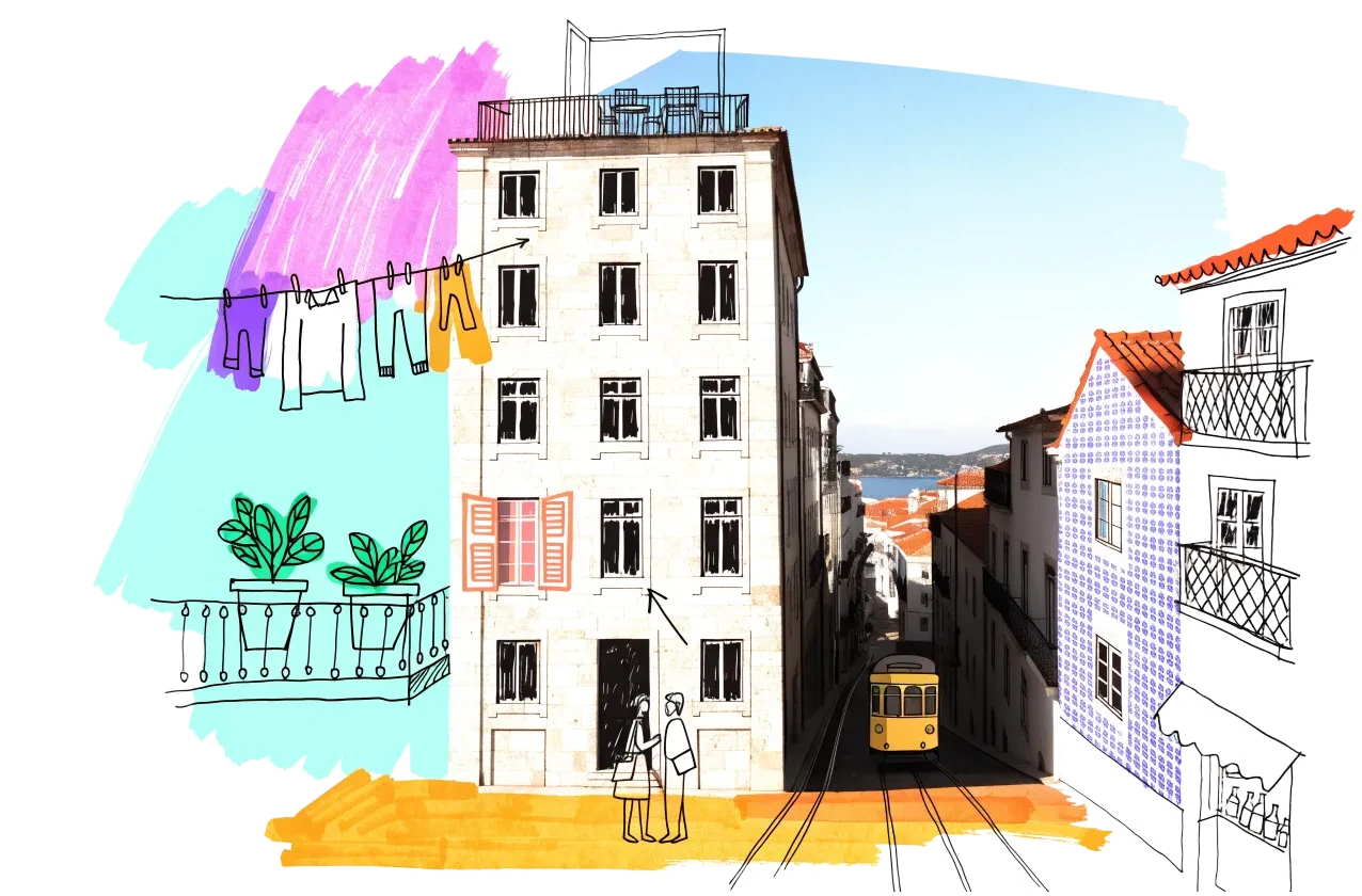 An empty building in Lisbon with homes, balconies and neighbours drawn onto it in ink