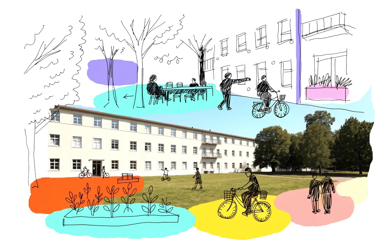 An empty building in Mannheim with homes, balconies and neighbours drawn onto it in ink