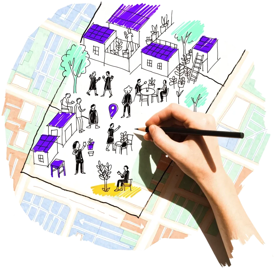 A hand outlining a neighbourhood on a city map, with small houses drawn inside