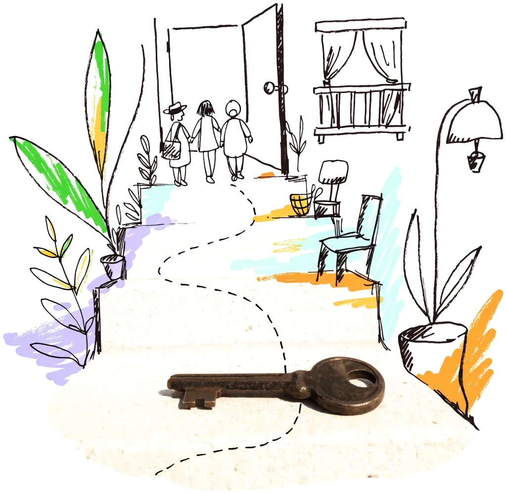 A door key on a doorstep with a drawn path leading to an open door