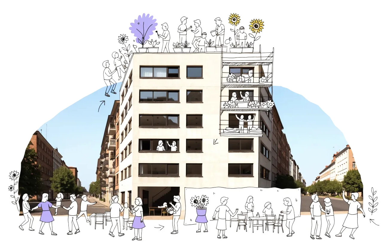 A plain, under-used office building on a sunny street, with many hands drawn in ink lifting it towards new homes