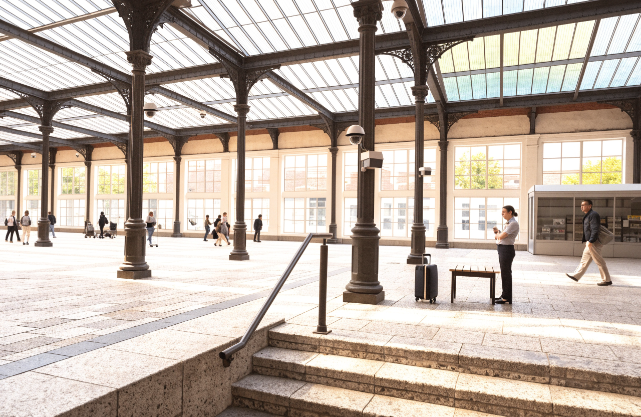 Seen from a stairway landing, a station agent stands beside a lone suitcase on a busy concourse while its owner hurries back with a coffee. The dome cameras on the columns carry small new boxes, and the agent checks their alert in person.