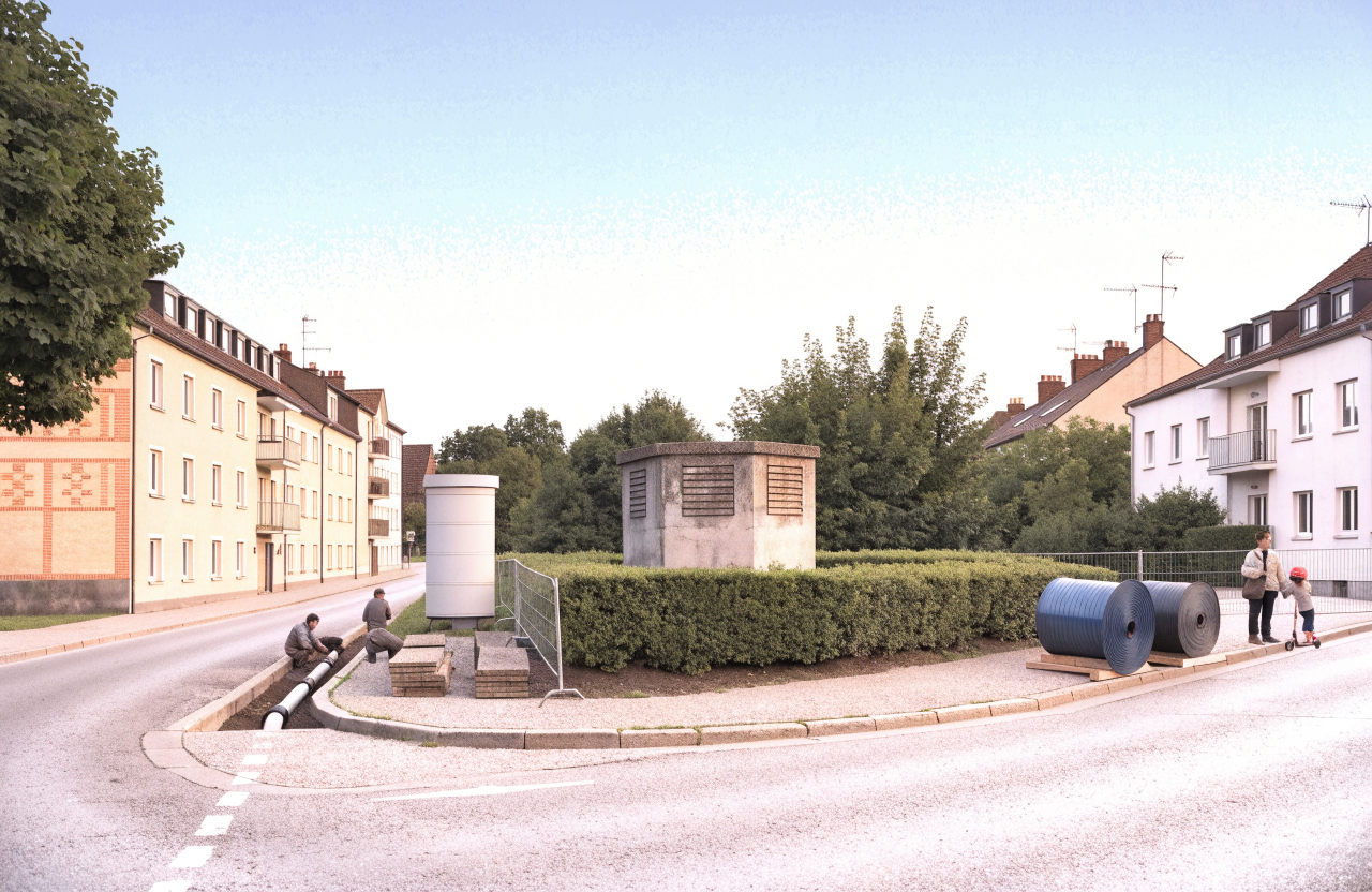 Utility workers lay a thick cable in a trench beside a small transformer kiosk on a street corner while a parent and child watch. A larger kiosk is being set down next to it, and a second trench holds two insulated heating pipes.