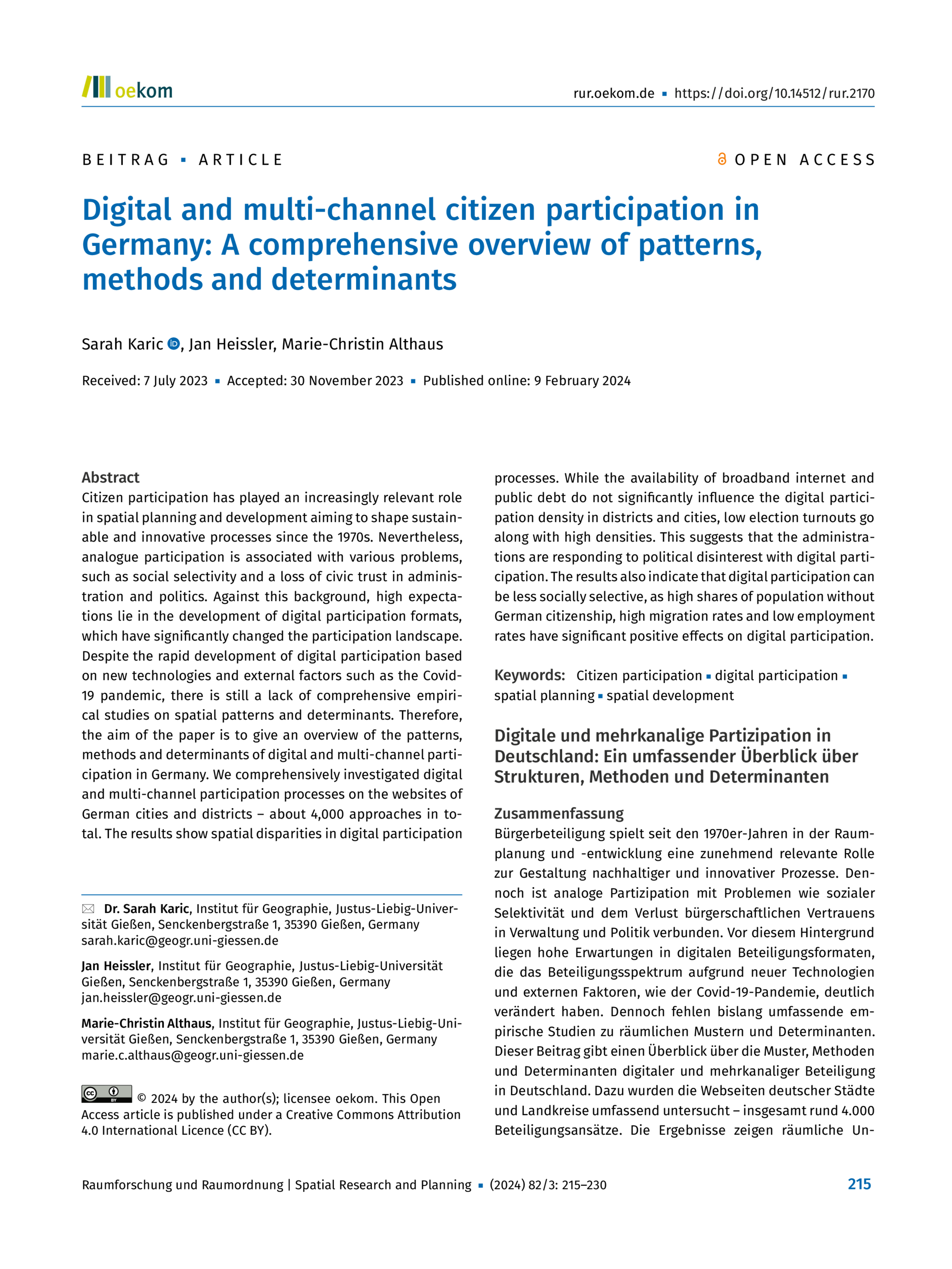 Digital and multi-channel citizen participation in Germany: A comprehensive overview of patterns, methods and determinants