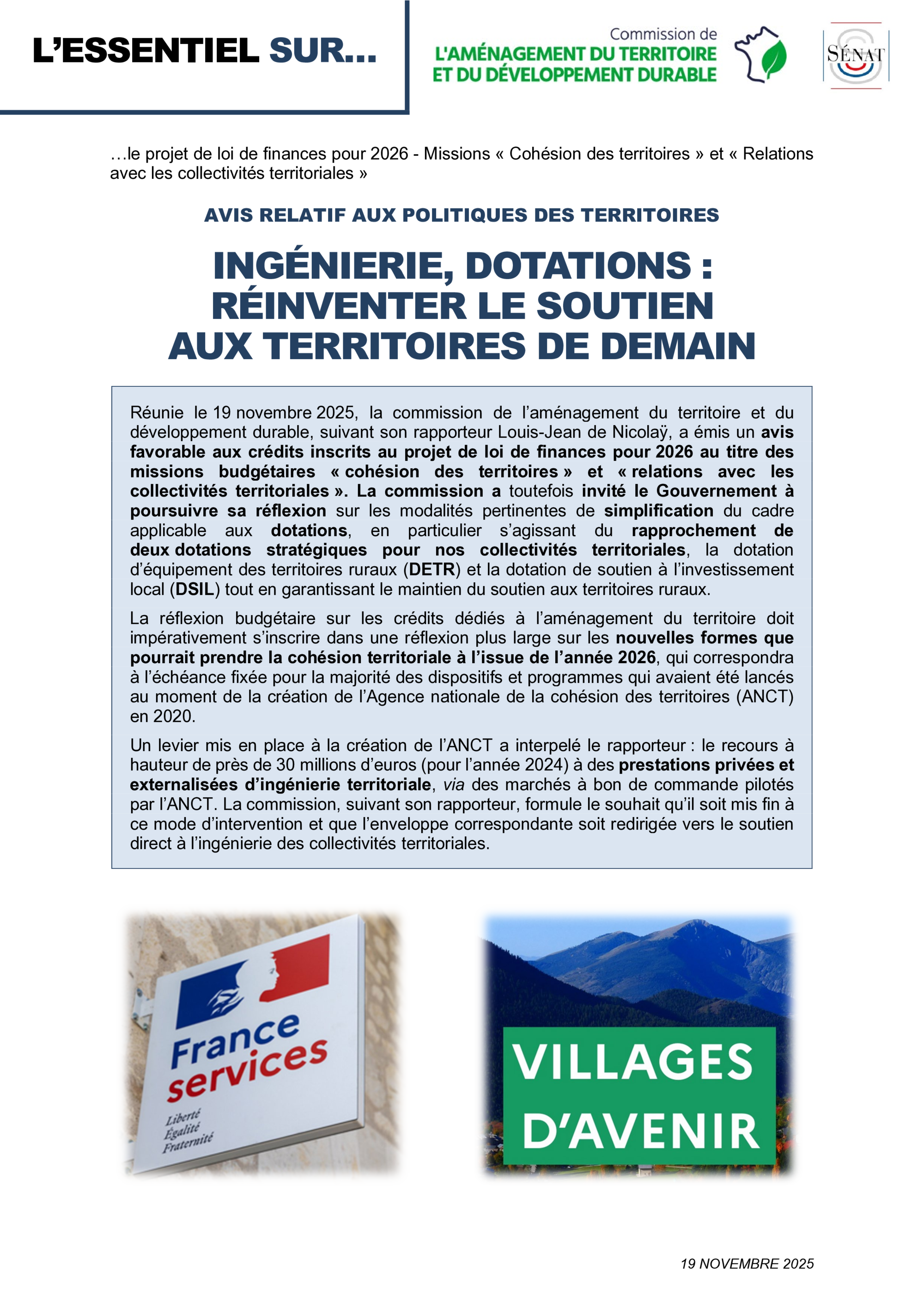 Avis sur le projet de loi de finances pour 2026 — Politiques des territoires : « Ingénierie, dotations : réinventer le soutien aux territoires de demain » (Sénat, commission de l'aménagement du territoire, 19 novembre 2025)