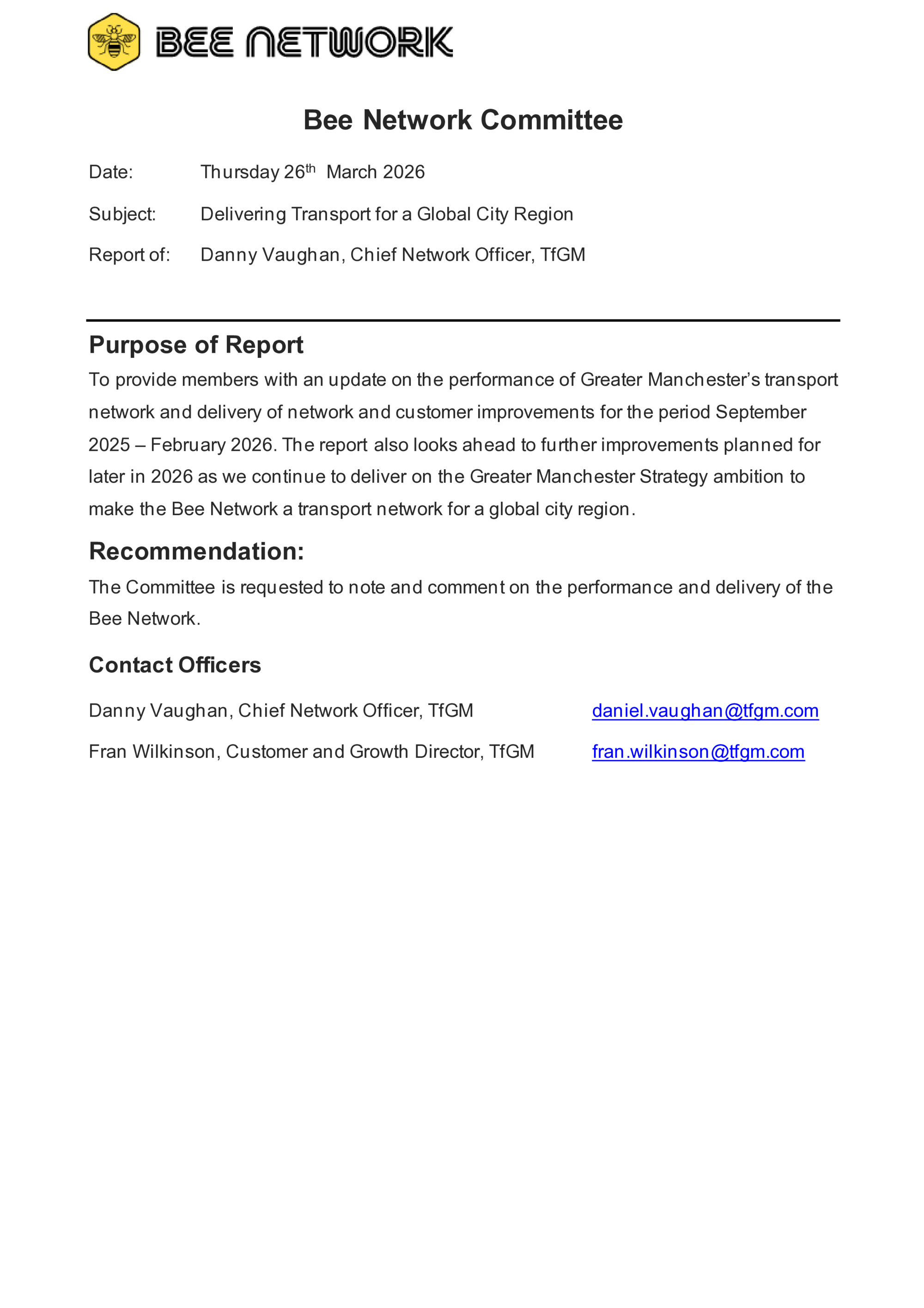 Delivering Transport for a Global City Region — Bee Network performance report to the Bee Network Committee (TfGM, 26 March 2026)