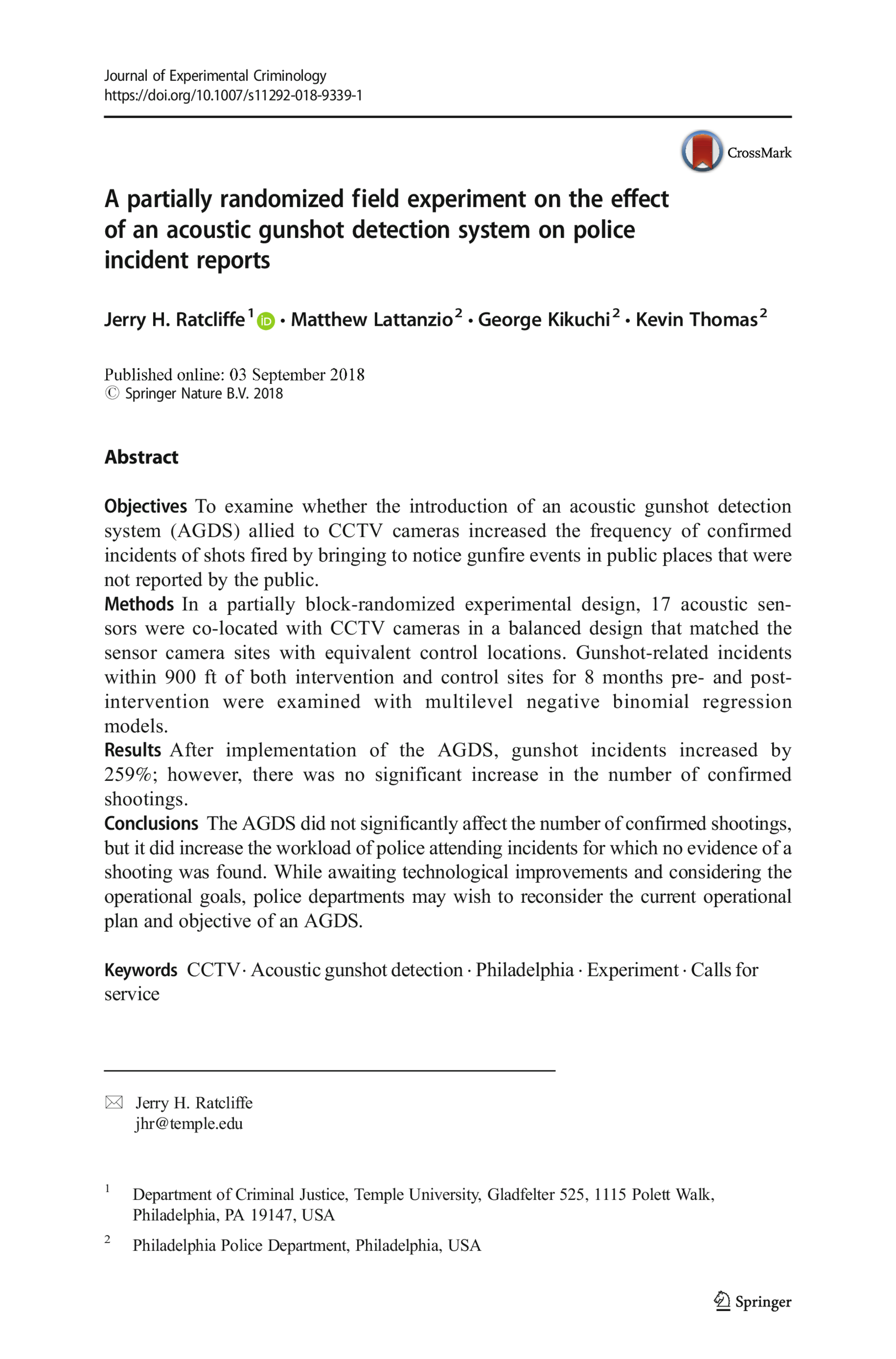 A partially randomized field experiment on the effect of an acoustic gunshot detection system on police incident reports (Ratcliffe et al., Journal of Experimental Criminology)