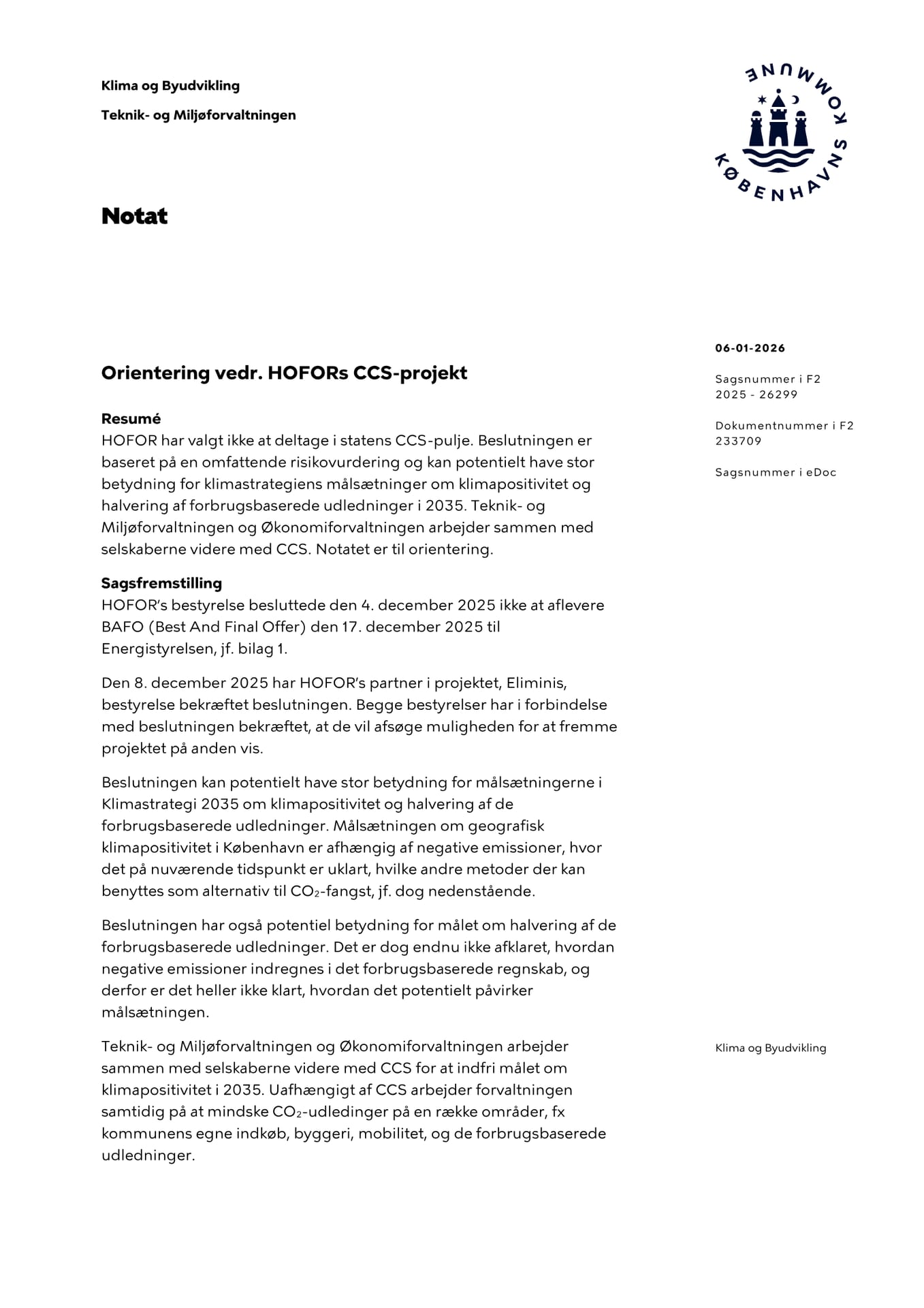 Orientering vedr. HOFORs CCS-projekt (Teknik- og Miljøforvaltningen, 6 Jan 2026)