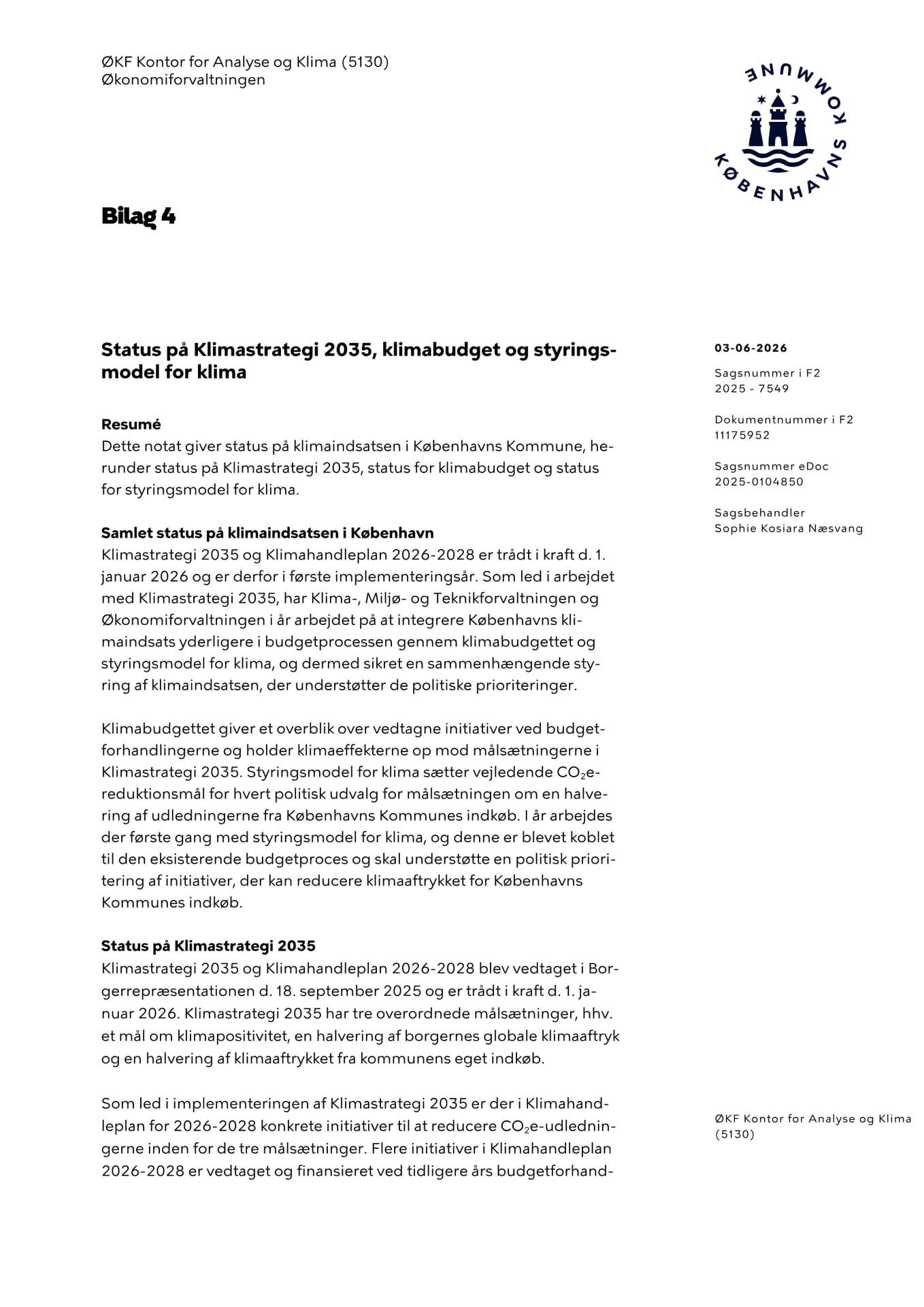 Status på Klimastrategi 2035, klimabudget og styringsmodel for klima (Økonomiforvaltningen, 3 Jun 2026)