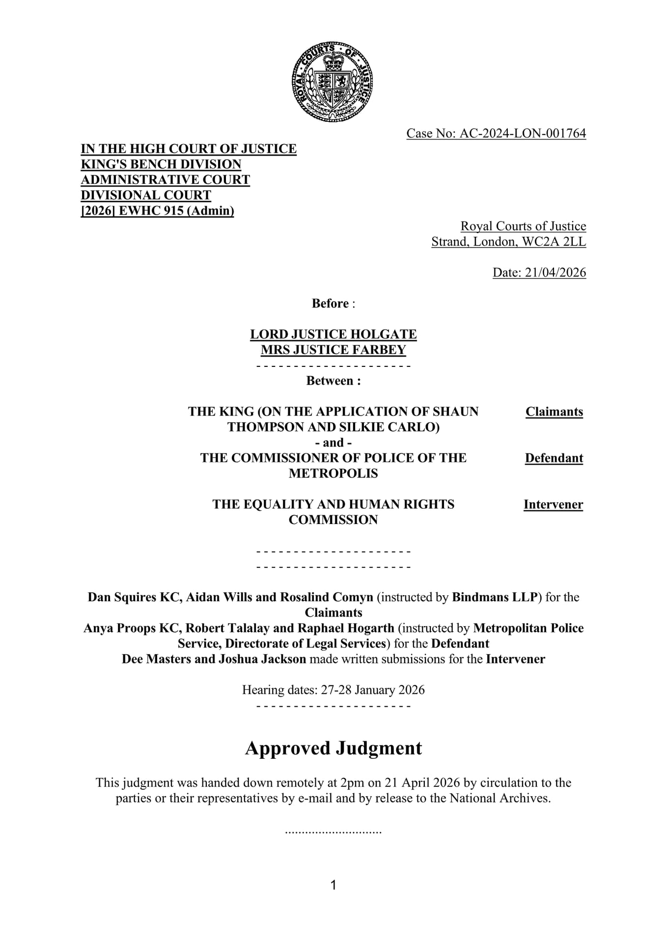 The Legality of Police Live Facial Recognition Policy: The Scope and Limitations of Thompson and Carlo (Inforrm, 19 May 2026)
