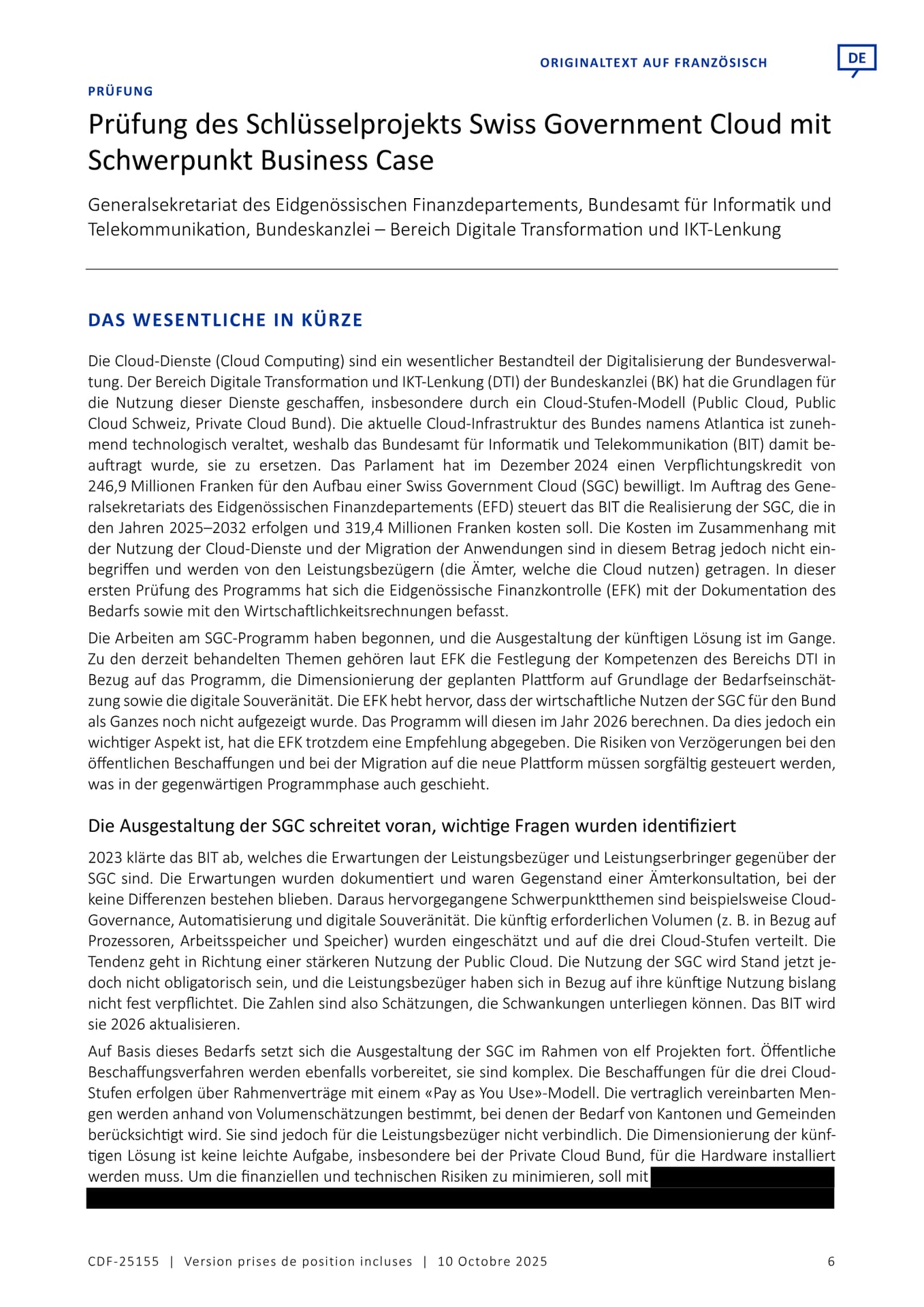 Prüfung des Schlüsselprojekts Swiss Government Cloud mit Schwerpunkt Business Case (Eidgenössische Finanzkontrolle, CDF-25155, 10 October 2025)
