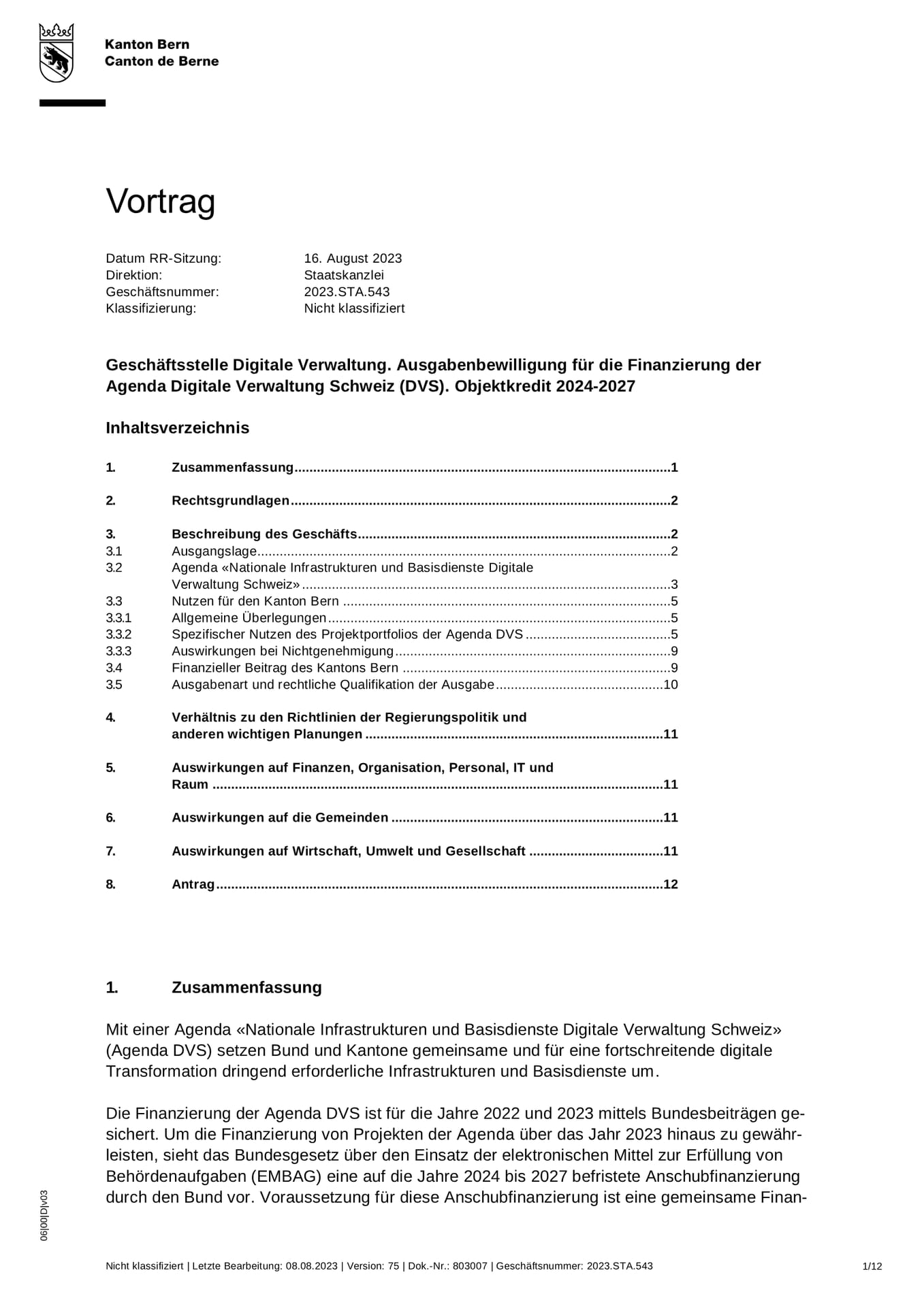 Vortrag: Ausgabenbewilligung für die Finanzierung der Agenda Digitale Verwaltung Schweiz (DVS), Objektkredit 2024-2027 (Regierungsrat des Kantons Bern, 16 August 2023)