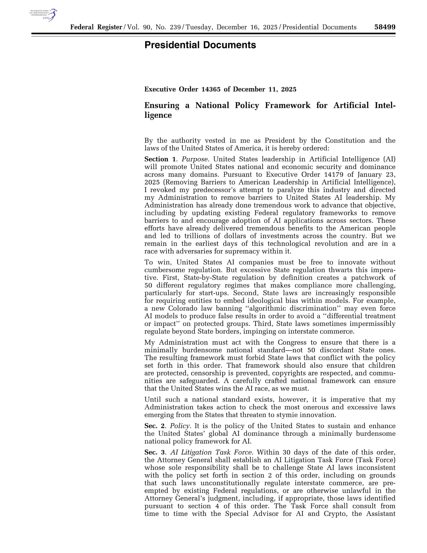 Executive Order 14365: Ensuring a National Policy Framework for Artificial Intelligence (11 December 2025)