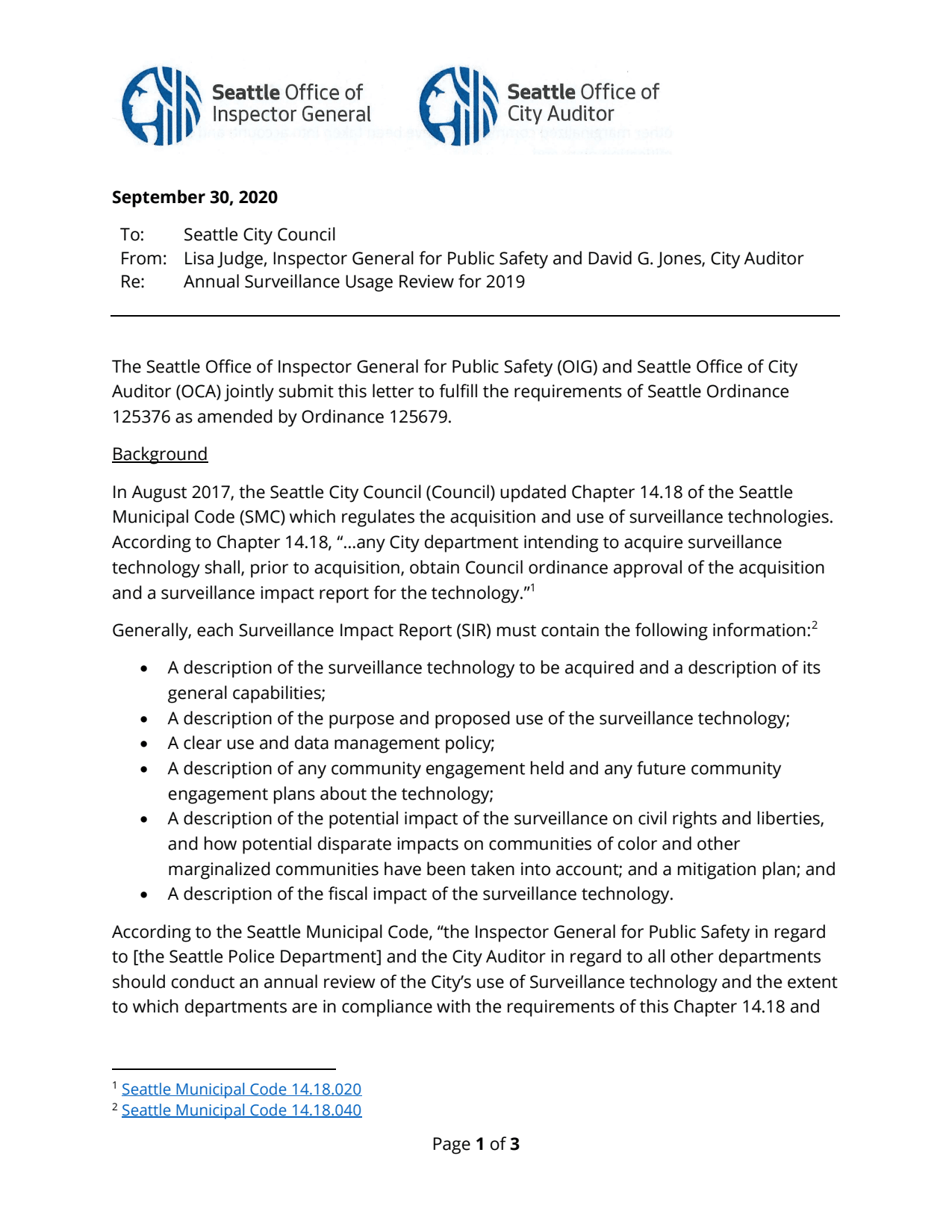 2019 Annual Surveillance Usage Review (Seattle Office of Inspector General and City Auditor memo, 30 September 2020)