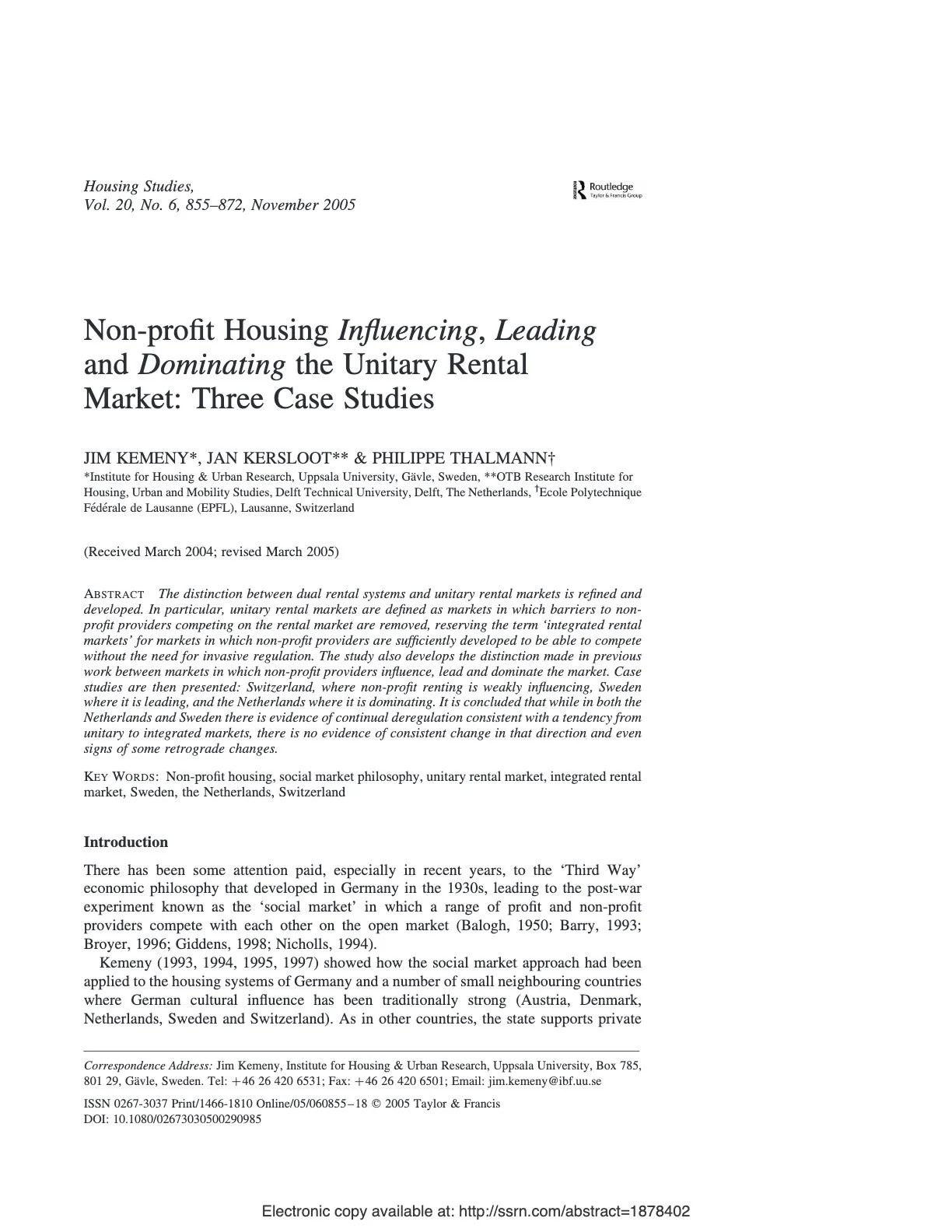 Non-profit Housing Influencing, Leading and Dominating the Unitary Rental
